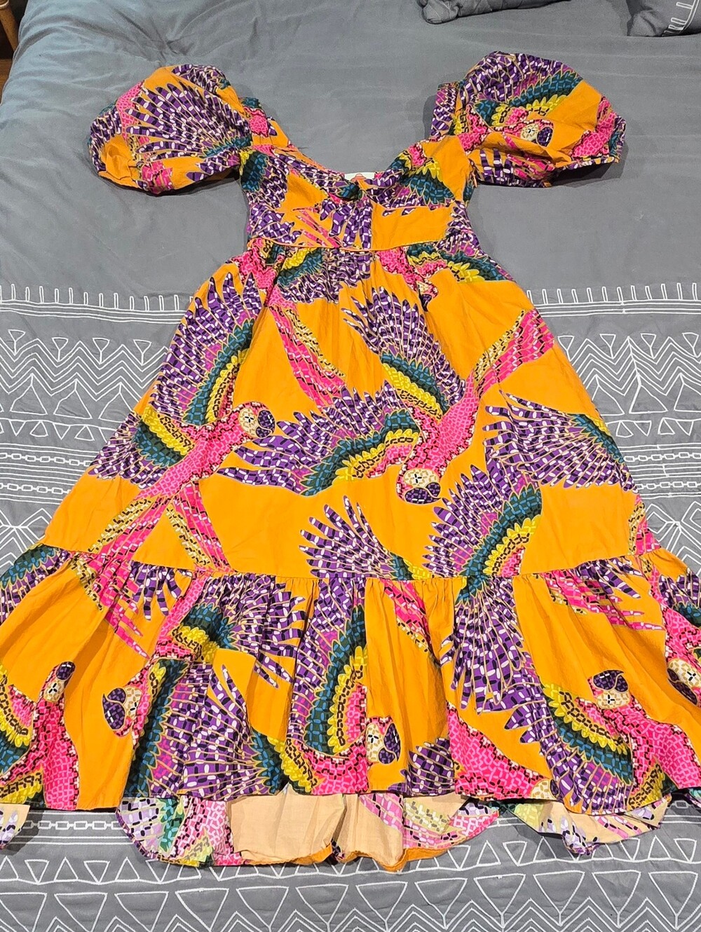 Farm Rio Beaded Macaws Puff Sleeve Midi Dress Size XS